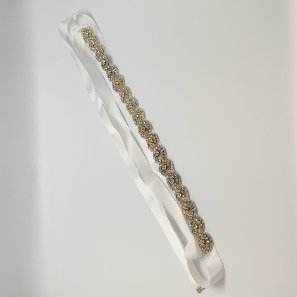 White Crystal Rhinestone Beaded Satin Belt Sash